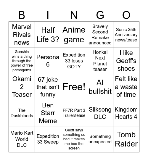 Game Awards Bingo Card