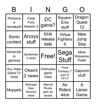 Game Awards 2025 Bingo Card