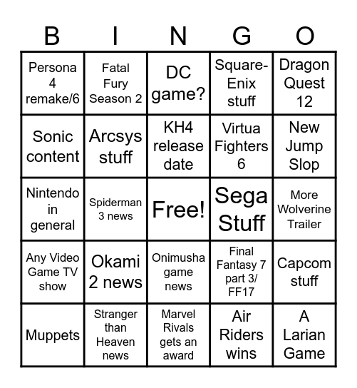 Game Awards 2025 Bingo Card