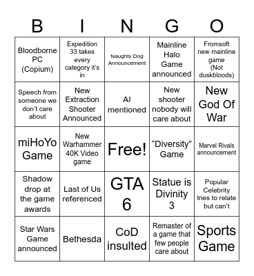 Game Awards Bingo Card