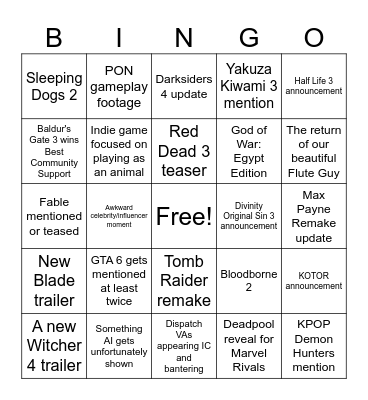 Kurstles hosts... The Game Awards 2025! Bingo Card