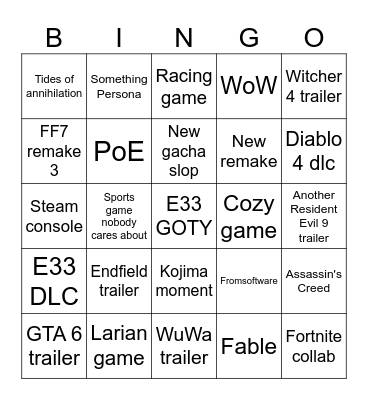 Game awayds Bingo Card