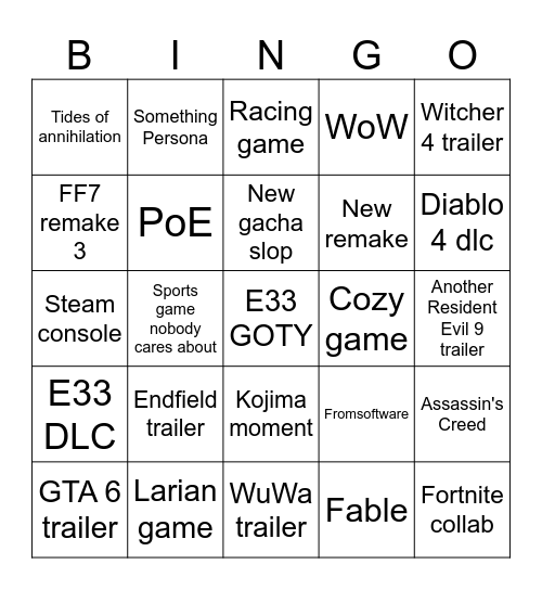 Game awayds Bingo Card