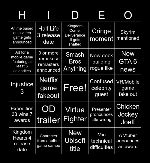 The Game Awards 2025 Bingo Card