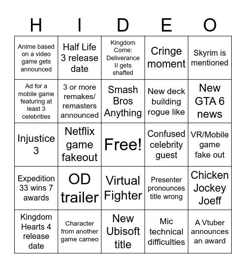 The Game Awards 2025 Bingo Card