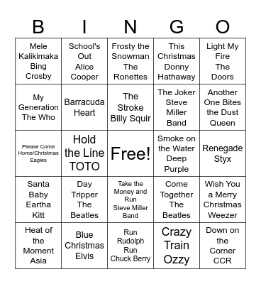 Classic Rock/Christmas Bingo Card