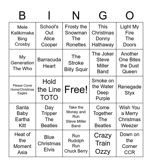Classic Rock/Christmas Bingo Card