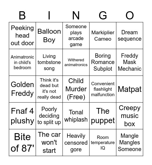 FNAF Movie Bingo Card