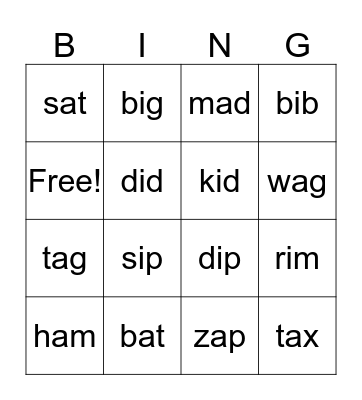 Short A & I Bingo Card