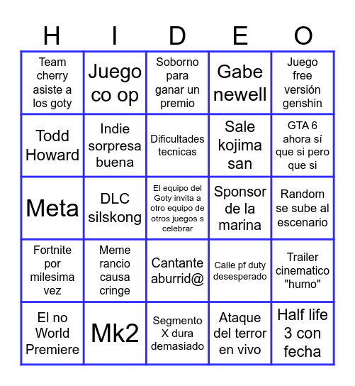 Bingo de los Game Awards Bingo Card
