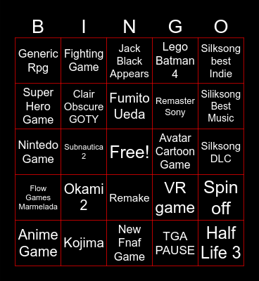 The Game Awards 2025 Bingo Card