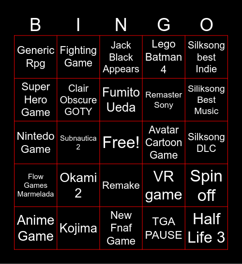 The Game Awards 2025 Bingo Card