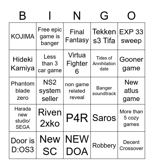 Game awards Bingo Card