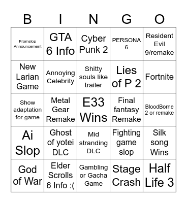 Game Awards 2025 Bingo Card