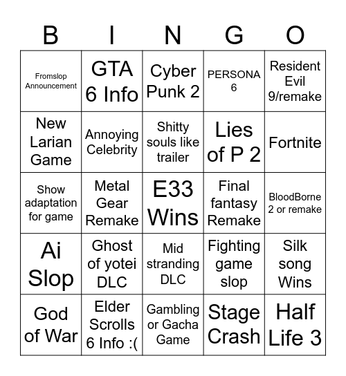 Game Awards 2025 Bingo Card
