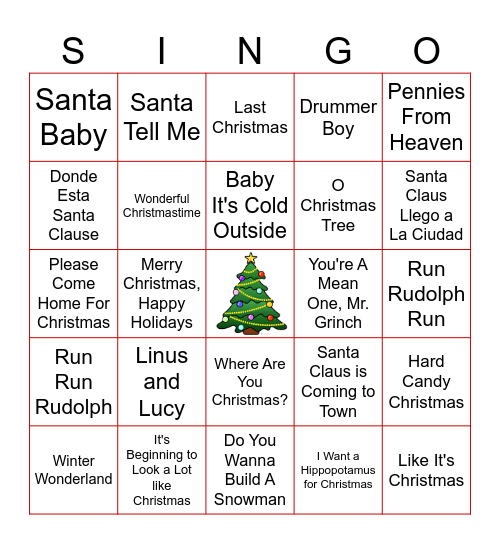 Christmas SINGO Bingo Card