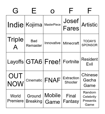 Game Awards Bingo Card