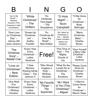 R&B Christmas Bingo Card