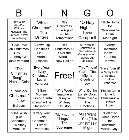 R&B Christmas Bingo Card