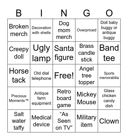 Peddler Bingo Card