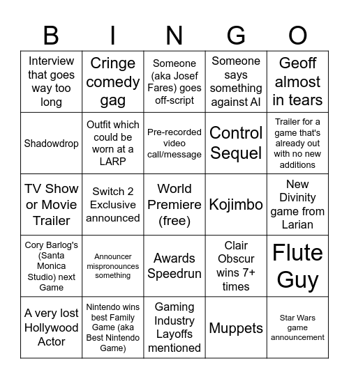 TGA Bingo Card