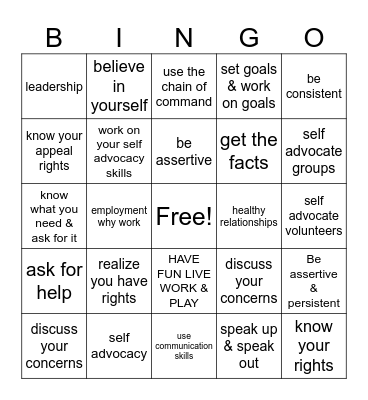 SELF ADVOCACY Bingo Card
