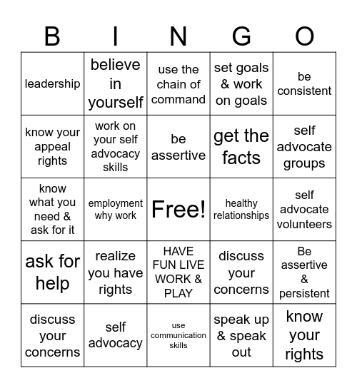 SELF ADVOCACY Bingo Card