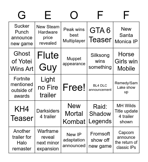 Game Awards 2025 Bingo Card