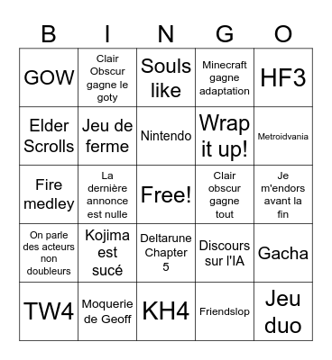 The Game Awards Bingo Card