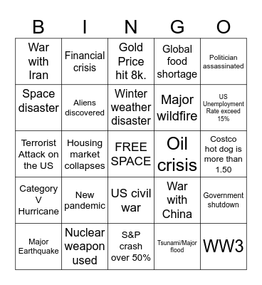 2026 U.S. Disaster Bingo Card