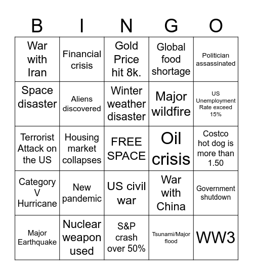 2026 U.S. Disaster Bingo Card