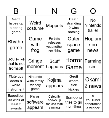 Game Awards Bingo Card