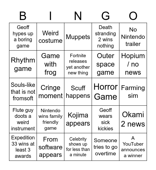 Game Awards Bingo Card