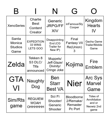 GAME AWARDS Bingo Card