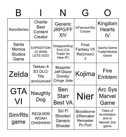 GAME AWARDS Bingo Card