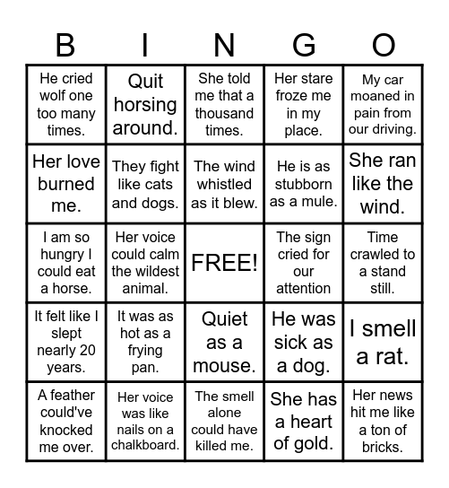 Figurative Language Bingo Card