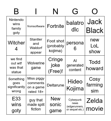 Goty 2025 Bingo Card