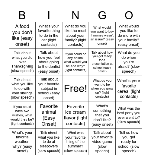 Fluency Bingo Card