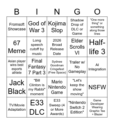 Game Awards 2025 Bingo Card