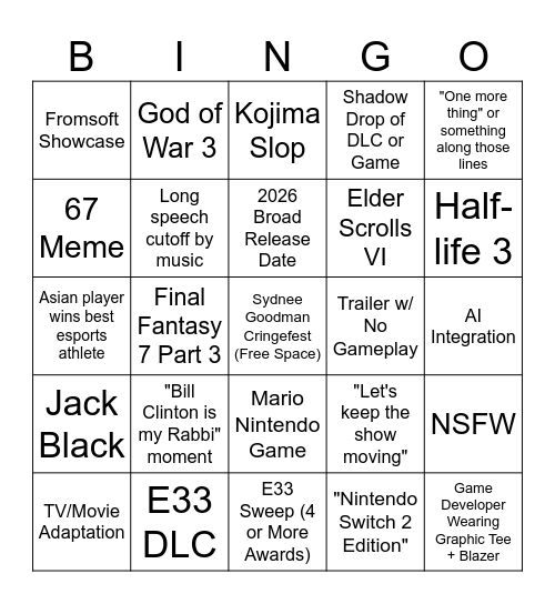 Game Awards 2025 Bingo Card