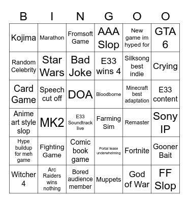 Game Awards 2025 Bingo Card
