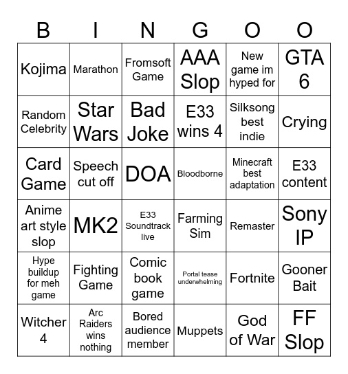 Game Awards 2025 Bingo Card