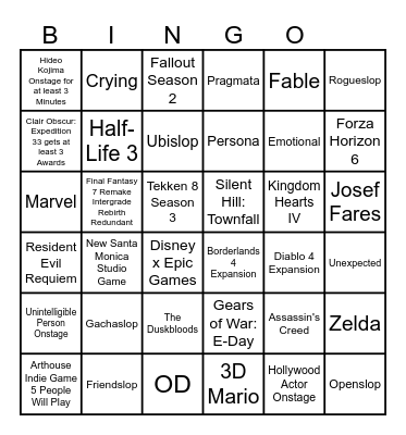 The Game Awards 2025 Bingo Card