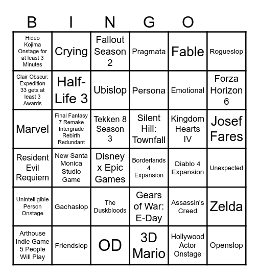 The Game Awards 2025 Bingo Card