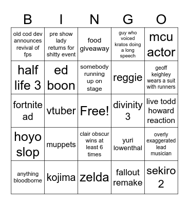 Game Awards Bingo Card