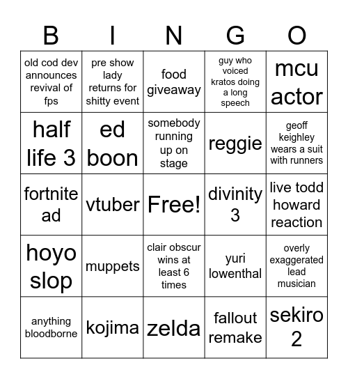 Game Awards Bingo Card