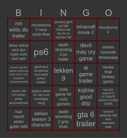 The kojima awards Bingo Card