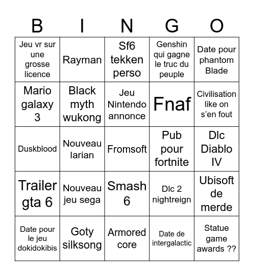Bingo Game Awards 2025 Bingo Card