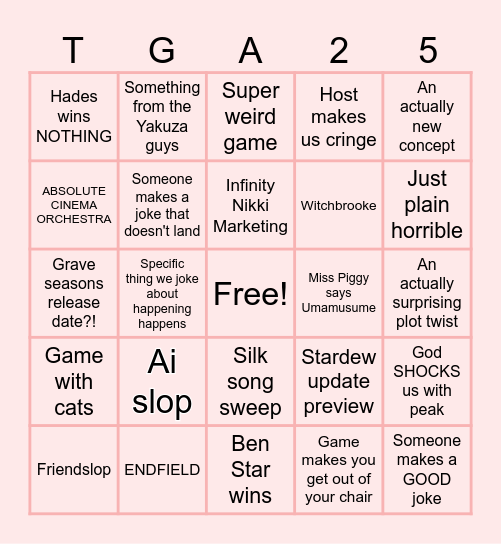 The Game Awards of 25' Bingo Card