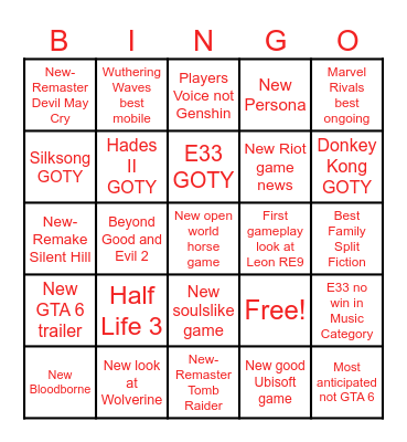 Game Awards 2025 Bingo Card